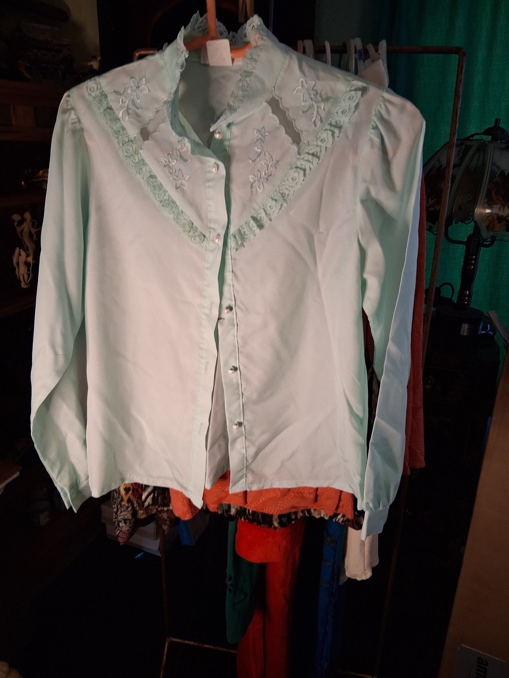 Rhapsody Mint Green Lace-Trim Button Front Blouse